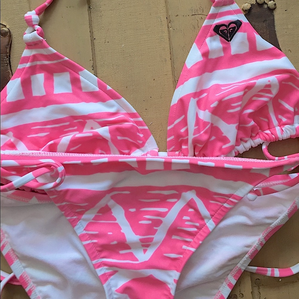 Roxy Surf Swim Boho Pattern String Bikini Set L M - image 6